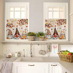Fall Kitchen Curtain Set, Orange Pumpkins Thanksgiving Gnomes Autumn Maple Leaf Window Valance and Tiers 24" Length, Light Filtering Short Curtains Valance for Cafe Bathroom Bedroom 54"x18"