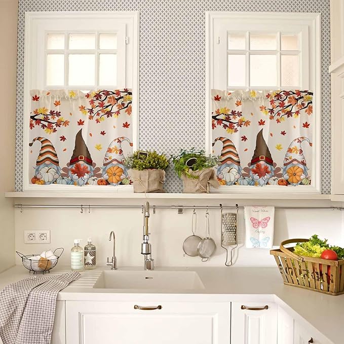 Fall Kitchen Curtain Set, Orange Pumpkins Thanksgiving Gnomes Autumn Maple Leaf Window Valance and Tiers 36" Length, Light Filtering Short Curtains Valance for Cafe Bathroom Bedroom 54"x18"