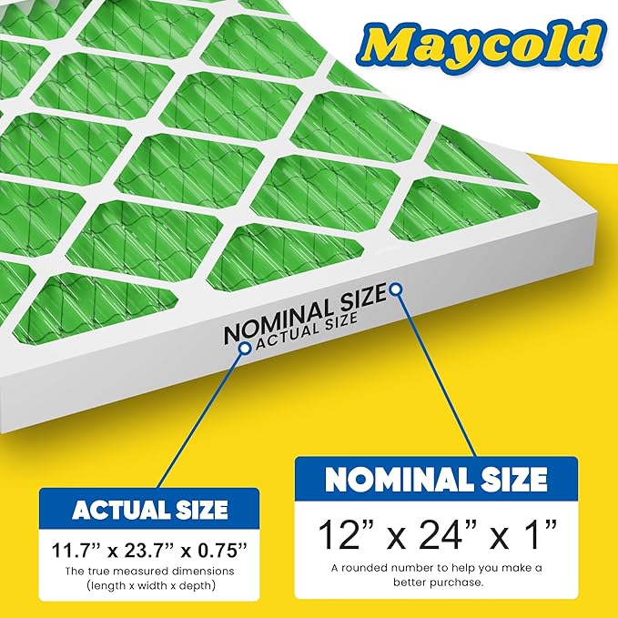 Maycold MERV 13 12x24x1 Air Filter (6-Pack), High-Efficiency Pleated AC & Furnace Filters, Actual Size: 11.70" x 23.70" x 0.75", Individually Wrapped in Plastic