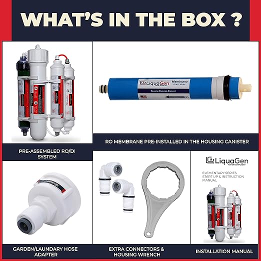 LiquaGen 4 Stage Reverse Osmosis and Deionization (RO/DI) Portable Space Saver Water Purification System | Water Filtration System for Aquarium Filter Processes + Manual Flush Valve (50 GPD)