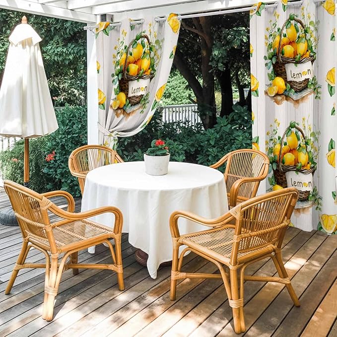 Lemon Outdoor Curtains for Patio Lemons Baskets Summer Tropical Plant Wood Waterproof Outside Curtains with Grommet Top Weatherproof Curtain for Cabana Pergola Gazebo, 2 Pack, 54" W x 108" L