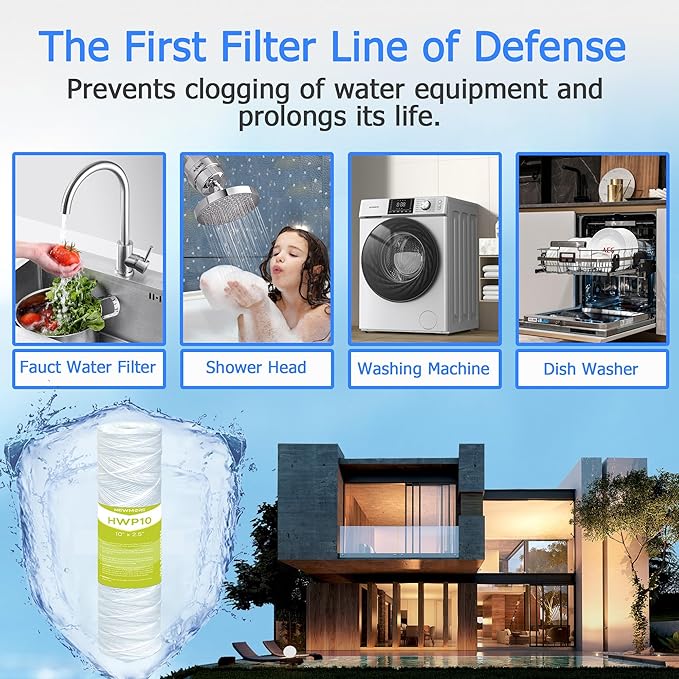 20 Micron Whole House Water Filter Cartridge, String Wound Sediment Filters for Well Water, Universal Replacement for Any 10 inch RO Unit - 10" x 2.5" Cartridges - Pack of 6