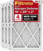 Filtrete 16x20x2 AC Furnace Air Filter, MERV 11, MPR 1000, Allergen Defense, 3-Month Pleated 2-Inch Electrostatic Air Cleaning Filter, 4 Pack (Actual Size 15.5 x 19.5 x 1.75 in)