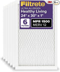 Filtrete 24x30x1 AC Furnace Air Filter, MERV 12, MPR 1500, CERTIFIED asthma & allergy friendly, 3 Month Pleated 1-Inch Electrostatic Air Cleaning Filter, 6-Pack (Actual Size 23.81x29.81x0.78 in)
