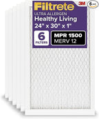 Filtrete 24x30x1 AC Furnace Air Filter, MERV 12, MPR 1500, CERTIFIED asthma & allergy friendly, 3 Month Pleated 1-Inch Electrostatic Air Cleaning Filter, 6-Pack (Actual Size 23.81x29.81x0.78 in)