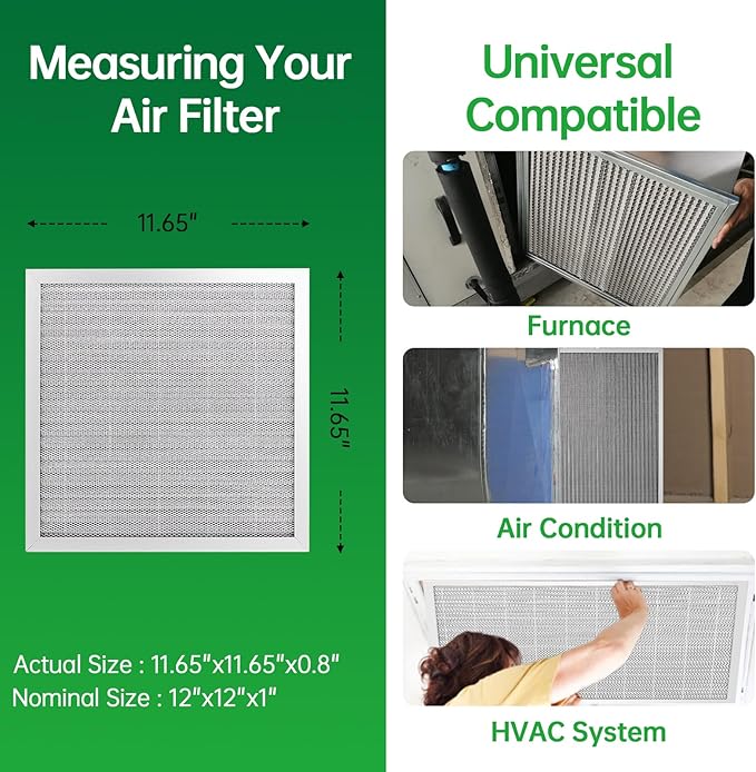12x12x1 Air Filter Electrostatic Filter Reusable Washable HVAC AC Furnace Filter,MERV 8,Lasts a Lifetime, Healthier Home or Office(Actual Size:11.65x11.65x0.8 Inch)