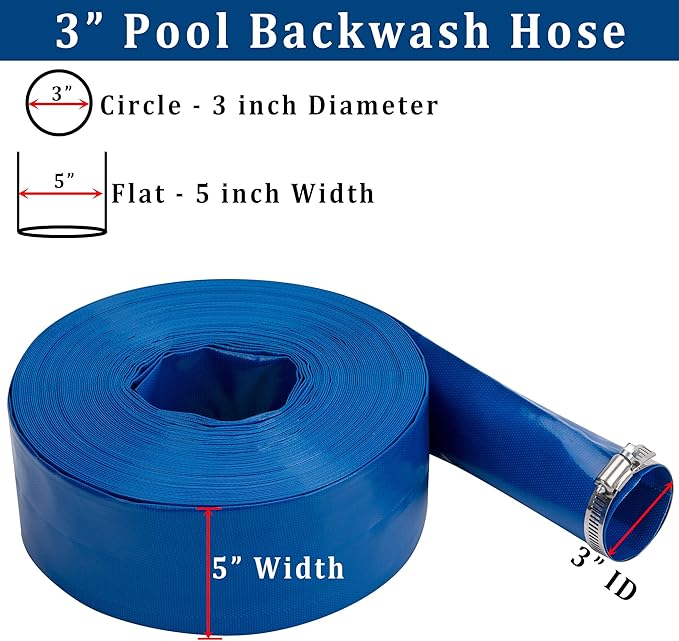 3 in x 50 ft Pool Backwash Hose Heavy Duty Drain Discharge Double PVC Lay flat General Purpose Vinyl Hose, Burst Resistant for Water Transfer Sump Pump Pool Filter (3in 50ft fiber reinforced hose)