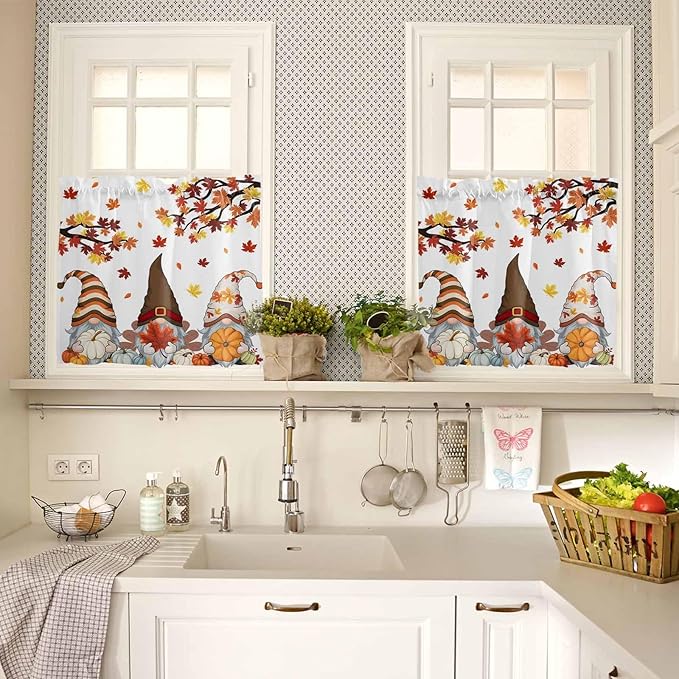 Fall Kitchen Curtain Set, Orange Yellow Thanksgiving Maple Leaf Gnomes Pumpkin Window Valance and Tiers 24" Length, Light Filtering Short Curtains Valance for Cafe Bathroom Bedroom 54"x18"