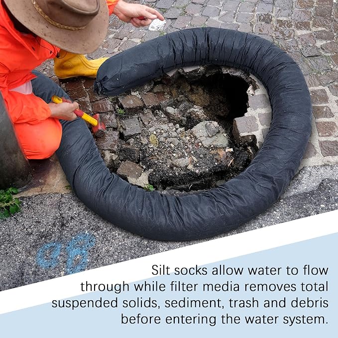 4 Pcs Sediment Filter Erosion Control Blanket Silt Fence Sock with Stuffers Drain Stormwater Sediment Filter for Erosion Control and Storm Drain Protection (Black)