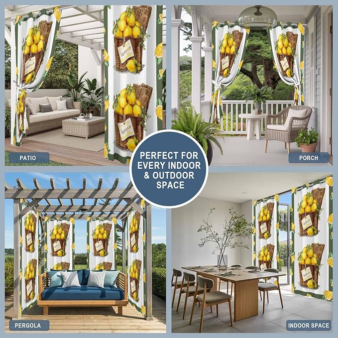 Lemon Outdoor Curtains for Patio Lemons in Baskets Summer Tropical Plants Green Waterproof Outside Curtains with Grommet Top Weatherproof Curtain for Cabana Pergola Gazebo, 2 Pack, 54" W x 95" L