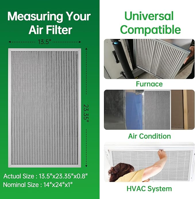 14x24x1 Air Filter Electrostatic Filter Reusable Washable HVAC AC Furnace Filter,MERV 8,Lasts a Lifetime, Healthier Home or Office(Actual Size:13.5x23.35x0.8 Inch)
