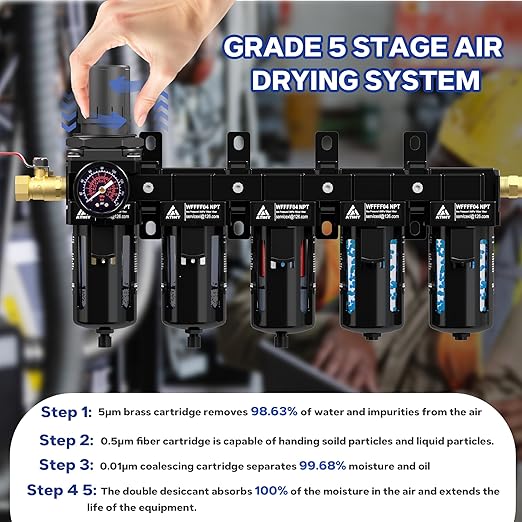 1/2'' NPT 5 Stage Air Dryer for Compressor,5 &0.5 &0.01 Micron Filter Cartridge Air Drying System,Double Desiccant Dryers & Air Regulator,Metal Bowl, Semi-Auto Drain,Industrial Grade-Black