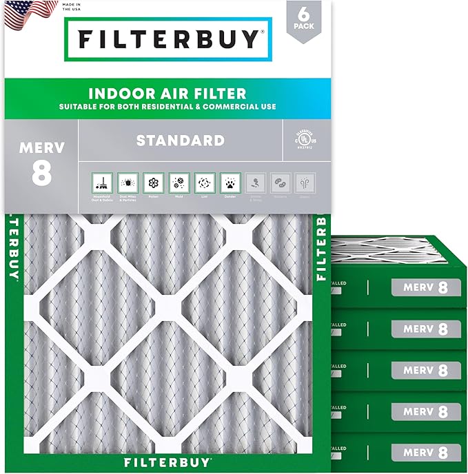 Filterbuy 18x25x2 Air Filter MERV 8 Essential Dust & Allergy Defense (6-Pack), Electrostatic Pleated HVAC AC Furnace Filters Replacement, Made in USA (Actual Size: 17.50 x 24.50 x 1.75)