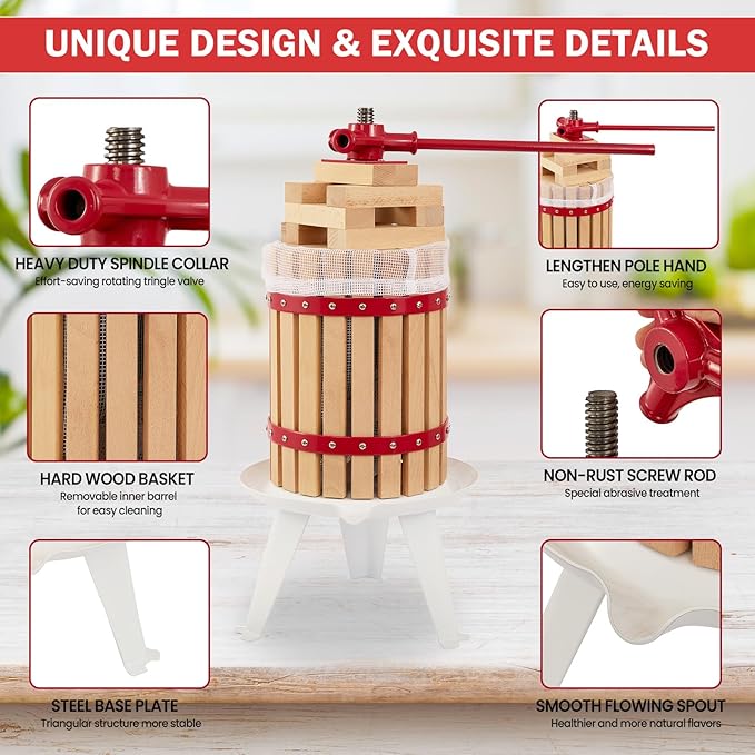 CAELUM Fruit Wine Press, 1.6 Gallon Wood Fruit and Cider Press Squeezer With T-Handle, Juice Maker, Wine Making Press Squeezer for Outdoor, Kitchen（Red）