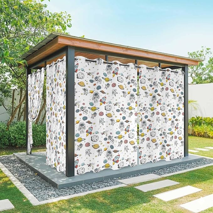 Cartoon Space Outdoor Curtains for Patio Astronauts Spacecraft Rockets Waterproof Outside Curtains with Grommet Top Weatherproof Curtain for Cabana Pergola Gazebo, 2 Pack, 54" W x 84" L