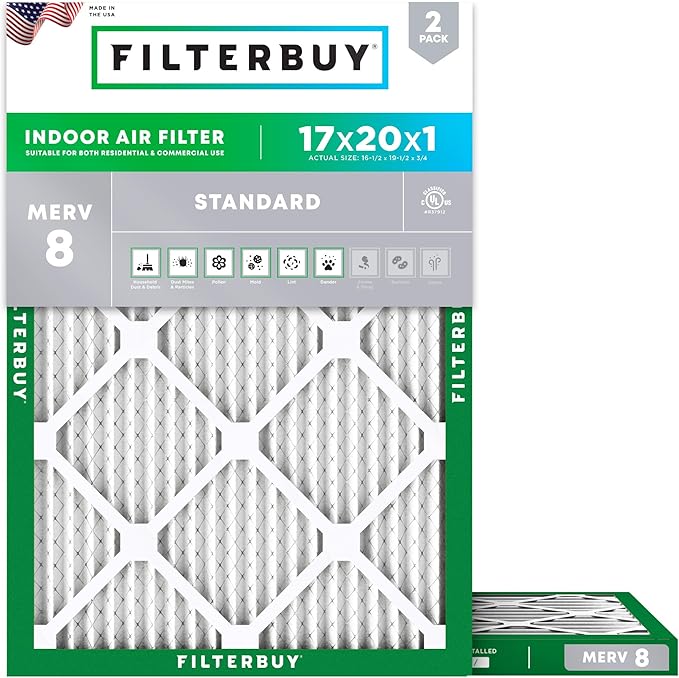 Filterbuy 17x20x1 Air Filter MERV 8 Essential Dust & Allergy Defense (2-Pack), Electrostatic Pleated HVAC AC Furnace Filters Replacement, Made in USA (Actual Size: 16.50 x 19.50 x 0.75)