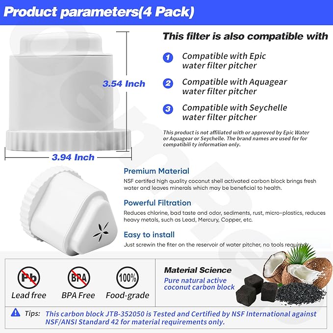 4Pack Replacement Filter for EPIC Water Filter Pitcher, Water Filter Pitcher Compatible with Aquagear Seychelle, BPA Free. Removes Fluoride, Chlorine, Lead, Odors
