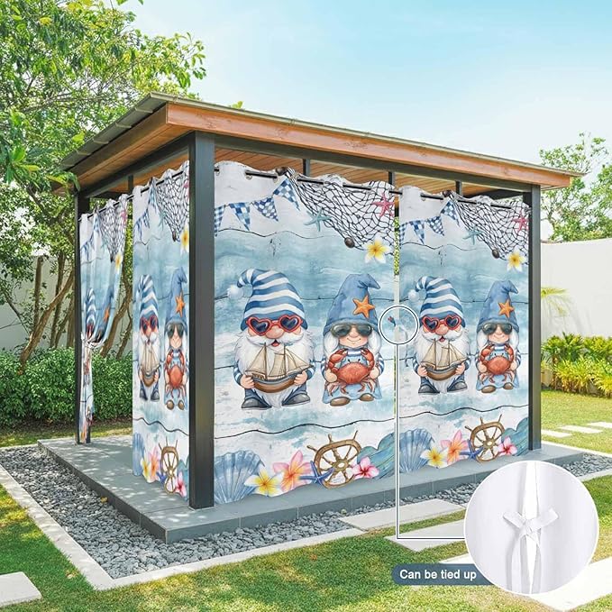 Ocean Gnome Outdoor Curtains for Patio Summer Marine Plumeria Shell Wood Blue Waterproof Outside Curtains with Grommet Top Weatherproof Curtain for Cabana Pergola Gazebo, 1 Panel, 54" W x 84" L
