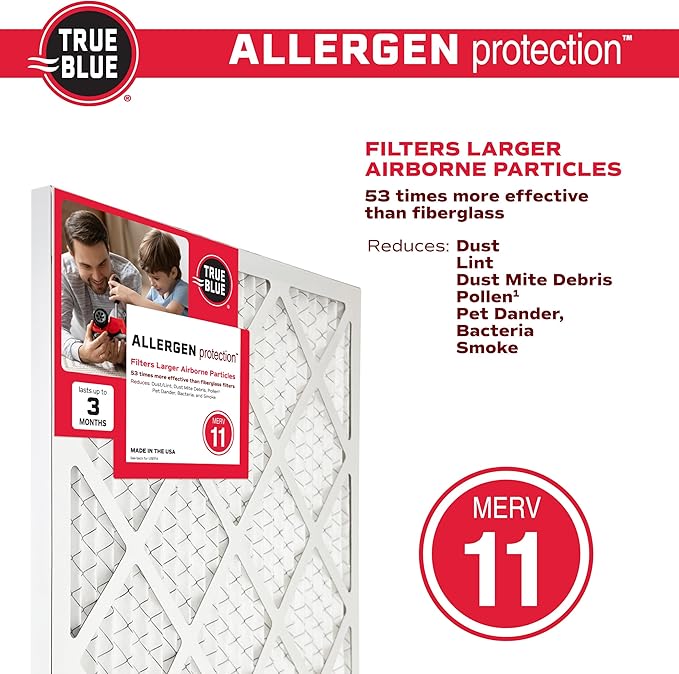 True Blue 24x30x1 MERV 11 Allergen Air Filter (4-Pack) | Electrostatic Pleated HVAC Furnace Air Filter | Replacement Filter for Home Use | Made in USA