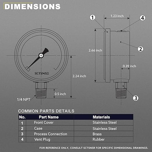 2-1/2" Dial Size, 0-300 Psi Pressure Gauge, Glycerin Liquid Filled, 1/4" NPT Lower Mount, Stainless Steel Case, for Regulator, Air Compressor, Water System, HVAC, Hydraulic, Pressure Test