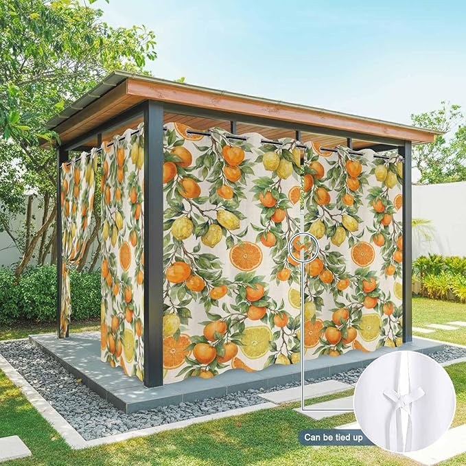 Lemons Yellow Orange Summer Plant Linen Outdoor Curtains for Patio Waterproof Outside Curtains with Grommet Top Weatherproof Curtain for Cabana Pergola Gazebo, 2 Pack, 54" W x 84" L