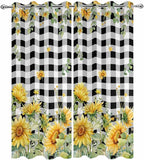 Sunflowers Outdoor Curtains for Patio Summer Floral Eucalyptus Leaf Buffalo Check Waterproof Outside Curtains with Grommet Top Weatherproof Curtain for Cabana Pergola Gazebo, 2 Pack, 54" W x 108" L