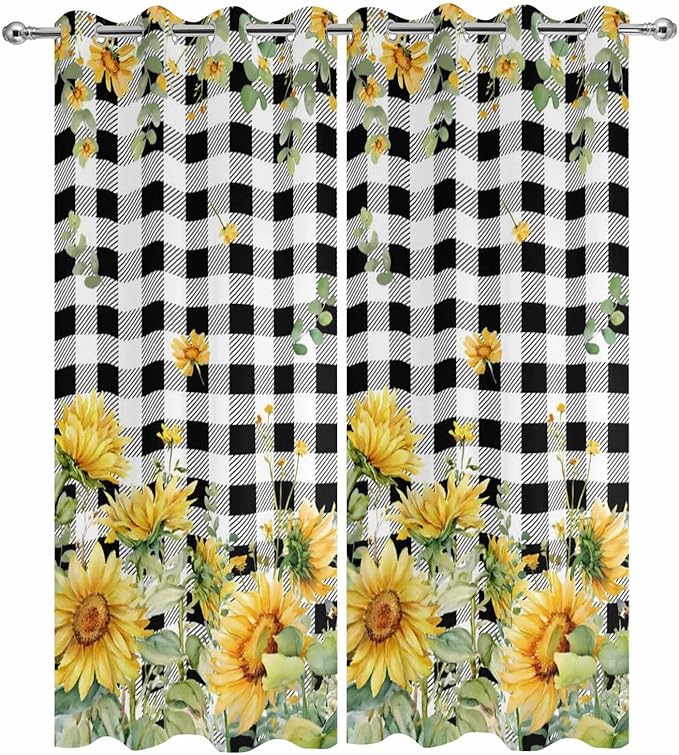 Sunflowers Outdoor Curtains for Patio Summer Floral Eucalyptus Leaf Buffalo Check Waterproof Outside Curtains with Grommet Top Weatherproof Curtain for Cabana Pergola Gazebo, 2 Pack, 54" W x 95" L