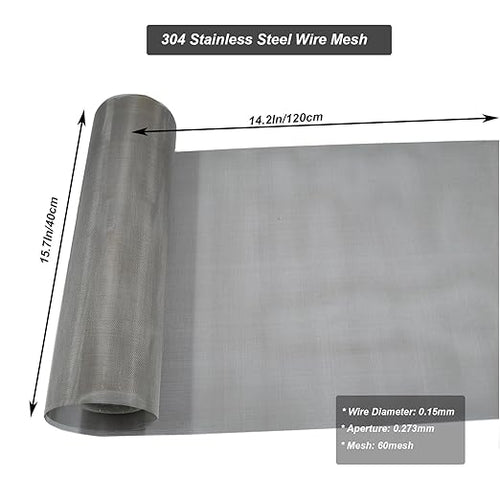 304 Stainless Steel Mesh 60Mesh, 15.7"x47.2"(40x120cm) Metal Mesh Screen,Woven Fine Wire Mesh, Filter Mesh Easy to Cut for Vent Covers, Cage, Garden, Window Screen and DIY Project
