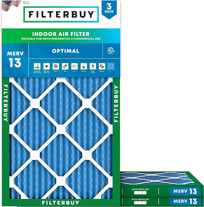 Filterbuy 13x24x1 Air Filter MERV 13 Optimal Smoke & Allergy Defense (3-Pack), Electrostatic Pleated HVAC AC Furnace Filters Replacement, Made in USA (Actual Size: 13.00 x 24.00 x 0.75)