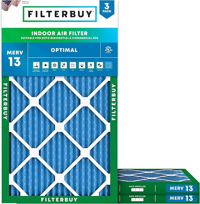 Filterbuy 14x25x1 Air Filter MERV 13 Optimal Smoke & Allergy Defense (3-Pack), Electrostatic Pleated HVAC AC Furnace Filters Replacement, Made in USA (Actual Size: 13.50 x 24.50 x 0.75)