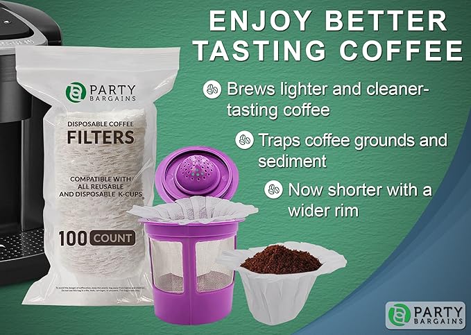 PARTY BARGAINS 300 Compact White Coffee Filter Liners – Disposable, Compatible with Keurig Brewers & K-Cup Reusable Pods, Single-Serve Paper Filters