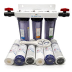 Whole House 3-Stage Water Filtration System, 3/4" port with 2 valves and extra 1 year filter supply (2 sets, 6 pcs)