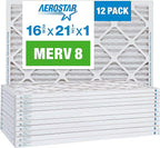 Aerostar 16.375x21.5x1 MERV 8 Air Filter, Pleated AC Furnace HVAC Filters (16.5x21.5x0.75), Electrostatically Charged for Allergies Dust Pet Dander Pollen Mold Lint, MPR 600 FPR 5, USA, 12 Pack