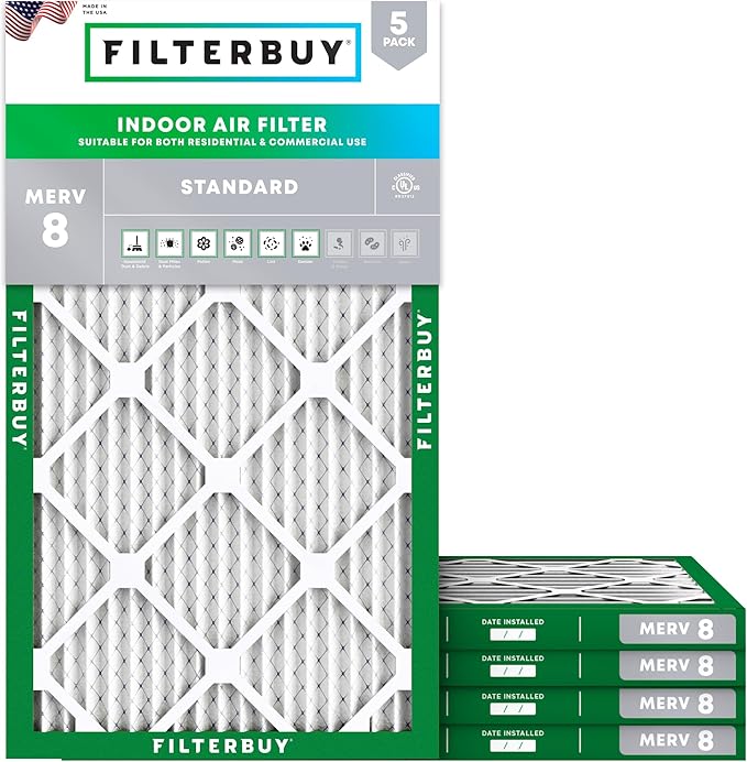 Filterbuy 14x30x1 Air Filter MERV 8 Essential Dust & Allergy Defense (5-Pack), Electrostatic Pleated HVAC AC Furnace Filters Replacement, Made in USA (Actual Size: 13.88 x 29.88 x 0.75)