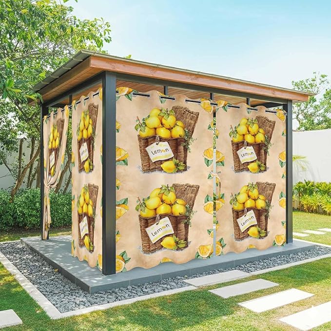 Lemon Outdoor Curtains for Patio Lemons in Baskets Summer Tropical Plant Brown Waterproof Outside Curtains with Grommet Top Weatherproof Curtain for Cabana Pergola Gazebo, 1 Panel, 54" W x 108" L