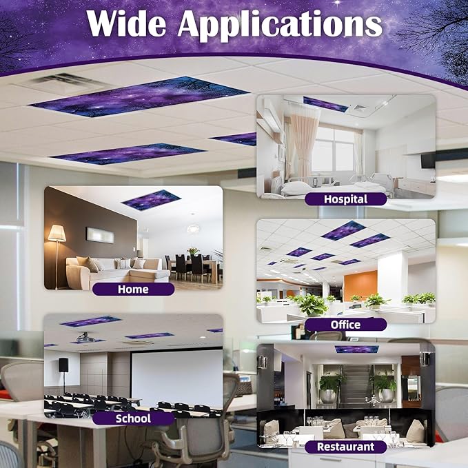 4 Pcs Fluorescent Light Covers - Classroom, Office 4 x 2 Feet Flame Retardant Magnetic Covers for Ceiling Lights Filters (Forests & Starry Sky)