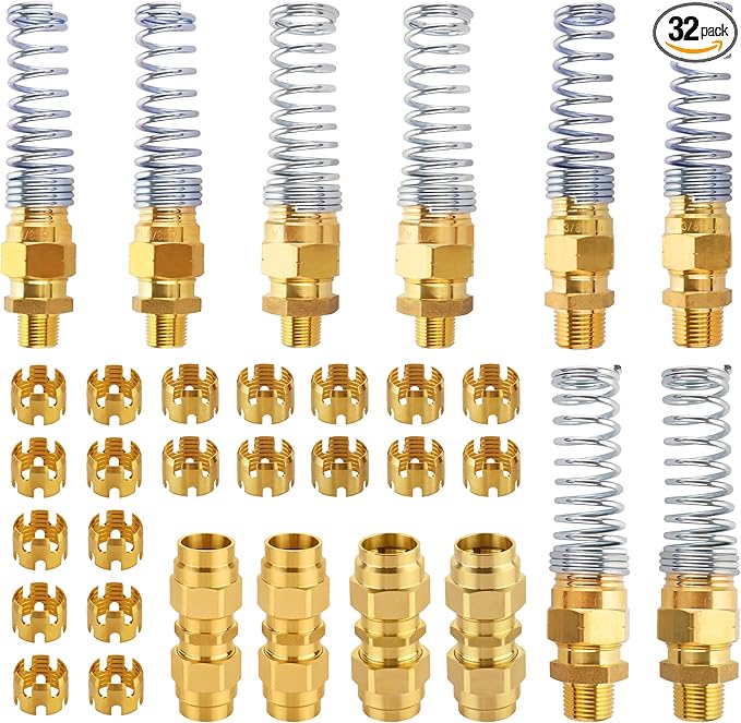 32PCS Brass DOT Air Brake Hose End Fitting Kit - J1402 Sleeve Tube Assortment for Replacement, Assembly (Connector, Union and Sleeve)