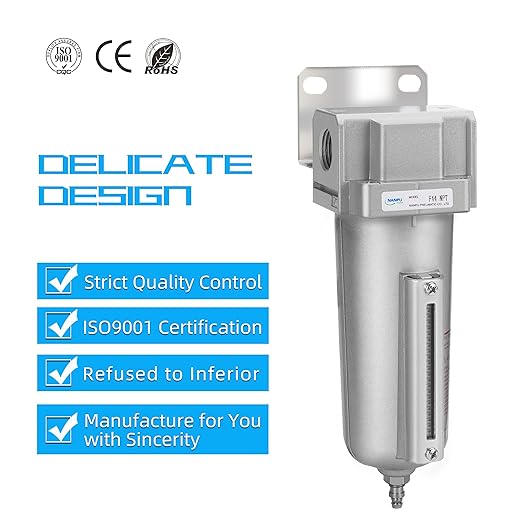 NANPU Industrial Grade Heavy Duty Particulate Filter, Metal Bowl, Suitable for Paint Spray (1/2" NPT, Manual Drain)