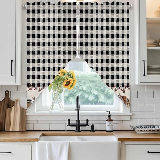 Swag Curtain Valances for Kitchen Windows,Farm Wooden House Black Buffalo Plaid Short Rod Pocket Window Valance,Western Star Swag Topper for Bedroom Living Room,2 Panels 36x36in