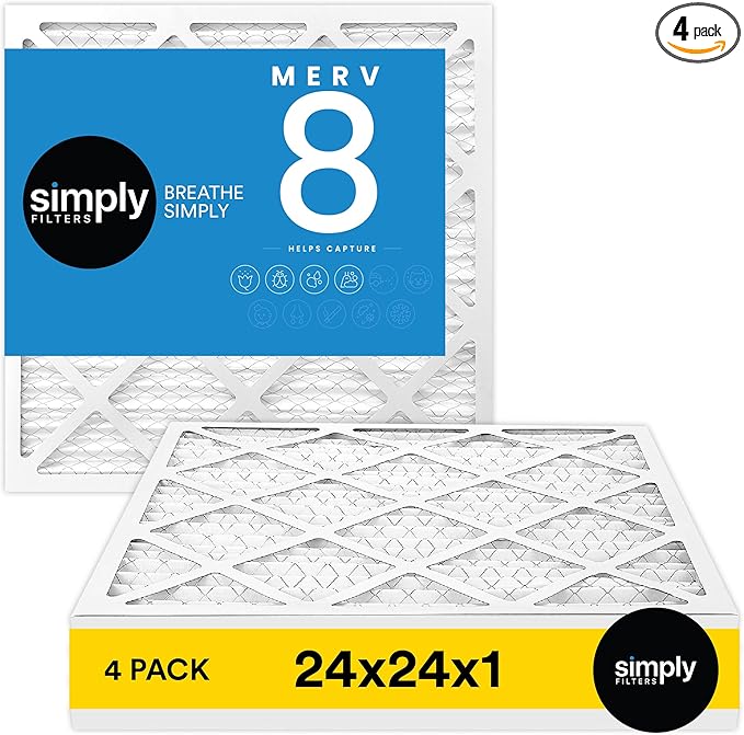 Simply 24x24x1 Air Filter, Merv 8, 4 Pack, For Home AC Furnace & HVAC (Actual Size: 23.75"x23.75"x0.75") DUST, Pet, & Allergy Control