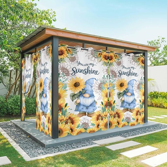 Summer Outdoor Curtains for Patio Sunflowers Gnome Eucalyptus Leaves Waterproof Outside Curtains with Grommet Top Weatherproof Curtain for Cabana Pergola Gazebo, 2 Pack, 54" W x 95" L