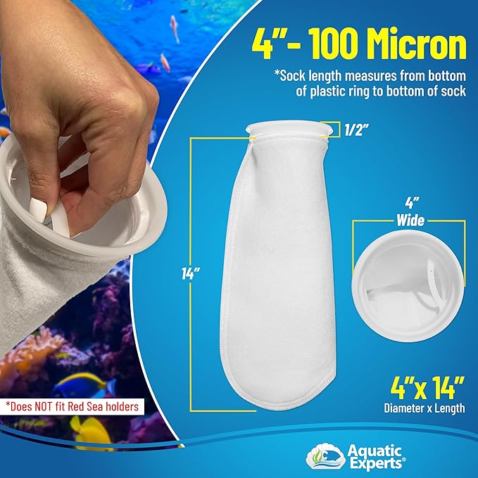 Aquatic Experts 4 inch Ring 100 Micron Felt Filter Sock - Filter Socks for Saltwater Aquarium, Sump Filter Sock, Freshwater Aquarium Socks, Reef Filter Sock (4"x14", 2 Pack)
