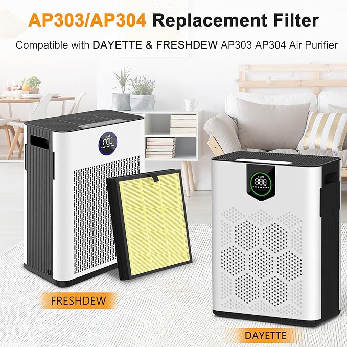 AP303 AP304 Replacement Filters, Compatible with DAYETTE ＆ FRESHDEW Air Purifier AP303/AP304, H14 HEPA Filter with Activated Carbon, 2 Pack (Pet Filter)