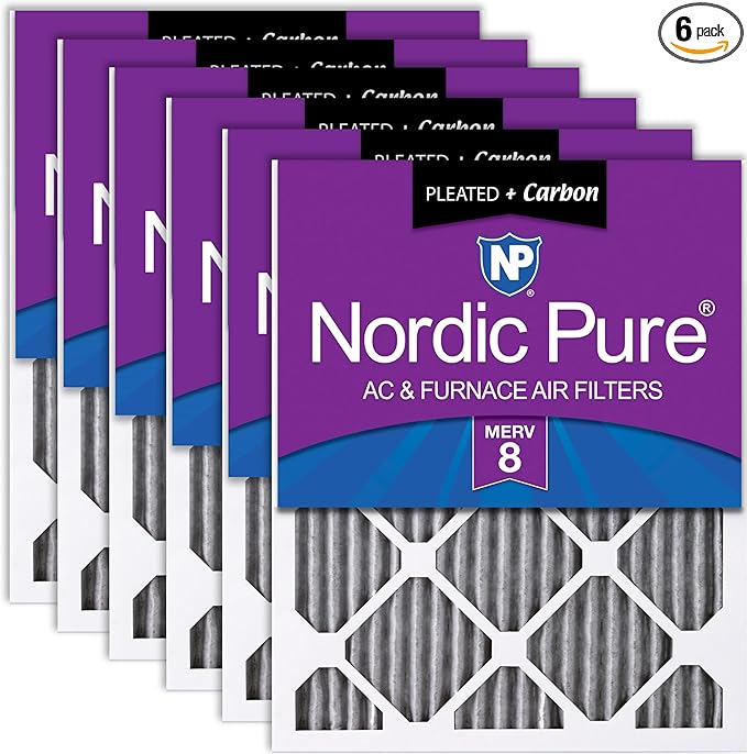 Nordic Pure 20x25x1 (19 1/2 x 24 1/2 x 3/4) Furnace Air Filters MERV 8 Pleated Plus Carbon 6 Pack
