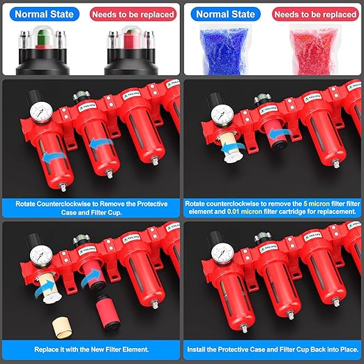TAILONZ PNEUMATIC 0-150PSI 3/8 Inch NPT Red Industrial Grade 5 Stage Air Drying System, Particulate Filter, Coalescing Filter, Three Desiccant Dryer and Air Regulator (Manual Drainage)