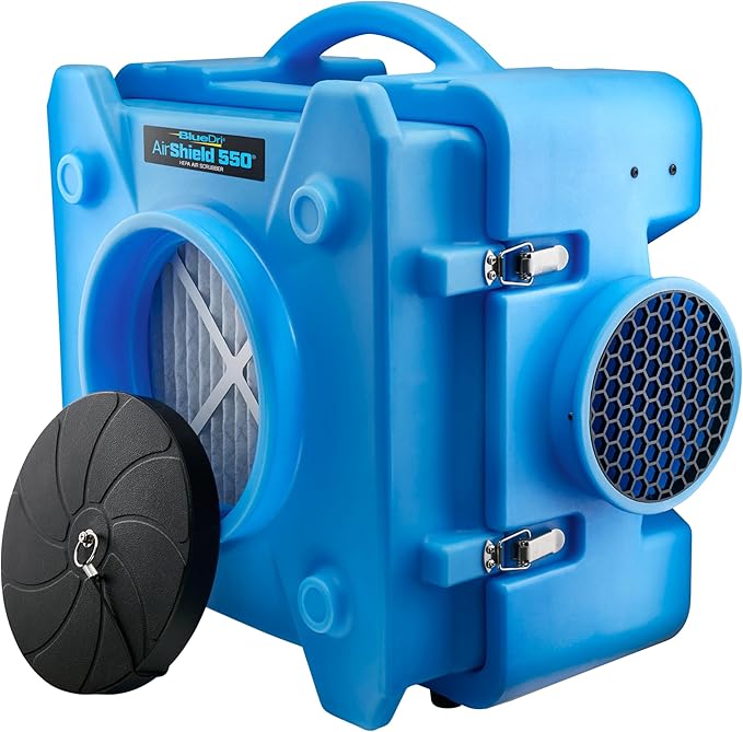 BlueDri Air Shield 550 HEPA Air Scrubber, Water Damage Restoration Equipment Air Purifier, Covers 1400 Sq. Ft, Daisy Chain Capable, For Commercial Use, Blue, BD-AS-550