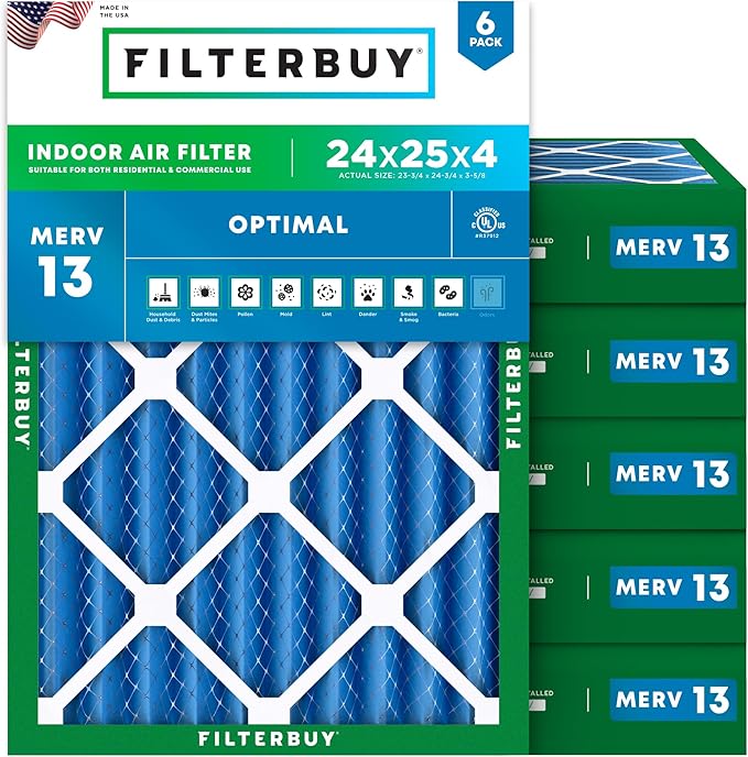 Filterbuy 24x25x4 Air Filter MERV 13 Optimal Smoke & Allergy Defense (6-Pack), Electrostatic Pleated HVAC AC Furnace Filters Replacement, Made in USA (Actual Size: 23.75 x 24.75 x 3.63)