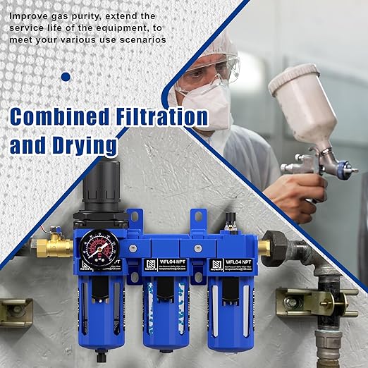 NEWPO 1/2'' NPT Compressed Air Filter Regulator Lubricator Combo with Pressure Gauge,Brass Filter and Desiccant Dryers,Semi-Auto Drain, Metal Bracket-Blue