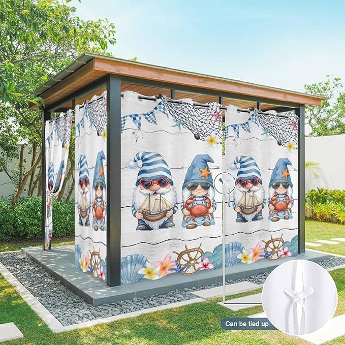 Ocean Gnome Outdoor Curtains for Patio Summer Marine Plumeria Shell Wooden Waterproof Outside Curtains with Grommet Top Weatherproof Curtain for Cabana Pergola Gazebo, 2 Pack, 54" W x 95" L