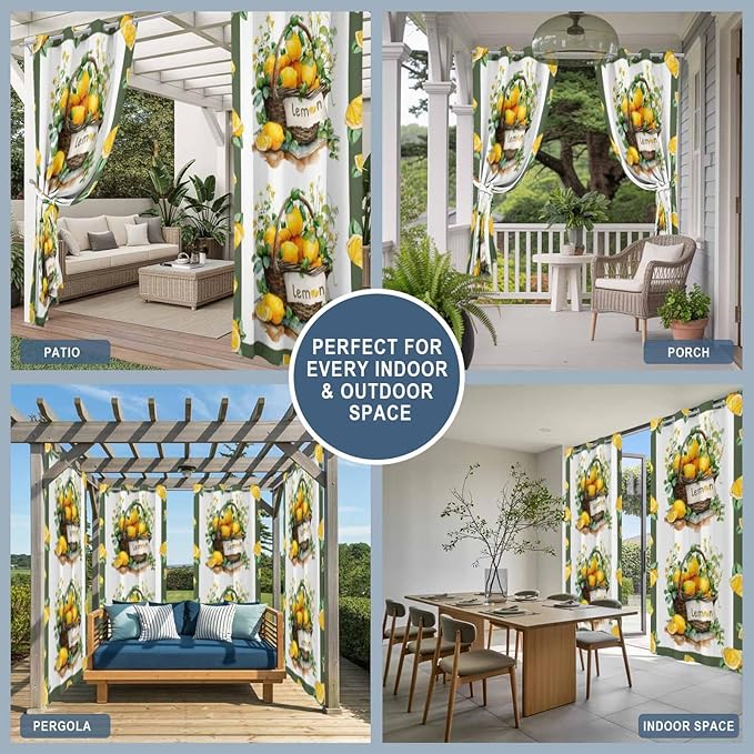 Lemon Outdoor Curtains for Patio Lemons Baskets Summer Tropical Plant Waterproof Outside Curtains with Grommet Top Weatherproof Curtain for Cabana Pergola Gazebo, 1 Panel, 54" W x 95" L